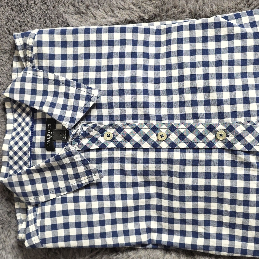 Talbot's CLASSIC COTTON SHIRT Blue White Button GINGHAM size P Small